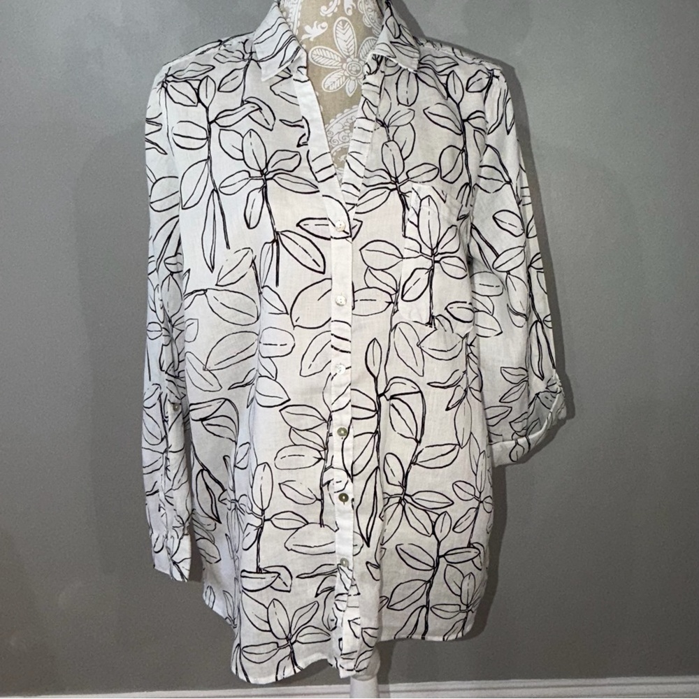Cynthia Rowley 100% Linen Roll Tab Sleeve Shirt Top XL Leaf Print / NEW NWT